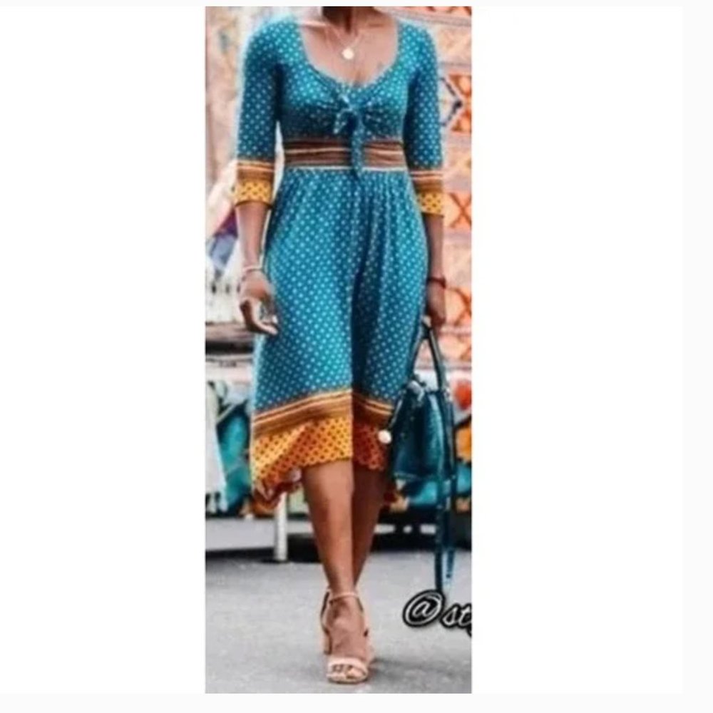Anthropologie Maeve Beloved Tie Front 3/4 Sleeve Midi Dress